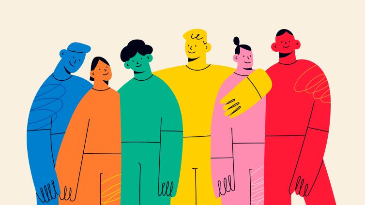 Colorful doodle illustration of young people smiling with arms around each other